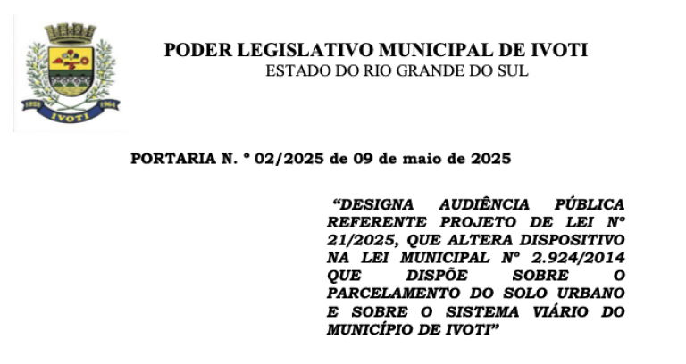 Audiência Pública - 12/05/2025 - Sede do Poder Legislativo às 18hs