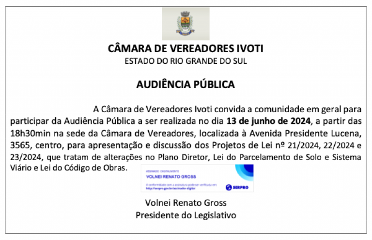 Audiência Pública - 13/06/2024 - Sede do Poder Legislativo às 18h30min