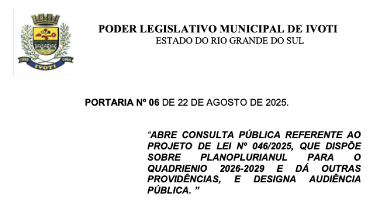 Audiência Pública dia 03/09/2025 - PPA Sede do Poder Legislativo às 18h30min