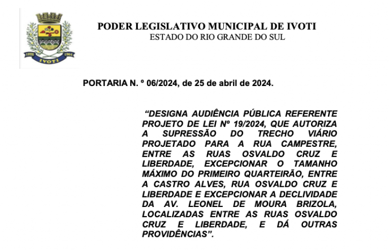 Audiência Pública - 13/05/2024 - Sede do Poder Legislativo às 18h